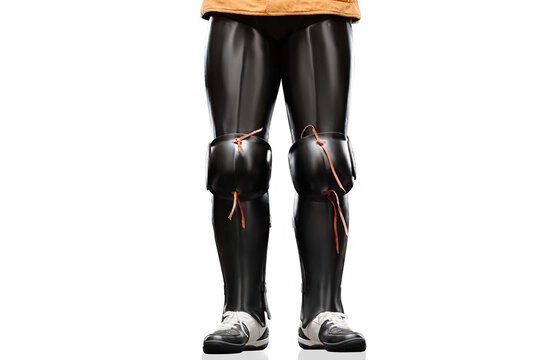 Front view of legs wearing black HEMA armor with tied knee plates and sports shoes.