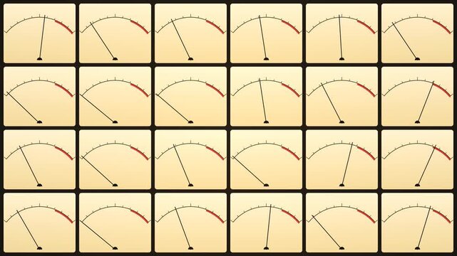 Wall of analog VU meters with black needles swinging to the music