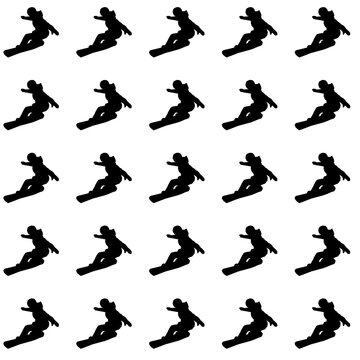 Vector illustration seamless pattern of a silhouette of a person skiing in the snow during winter at the end of the year. Sports, athletes, outdoors, nature.