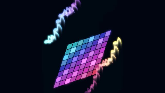 An 8x8 electronic drum pad flashing intense neon colors and shooting music notes upwards.