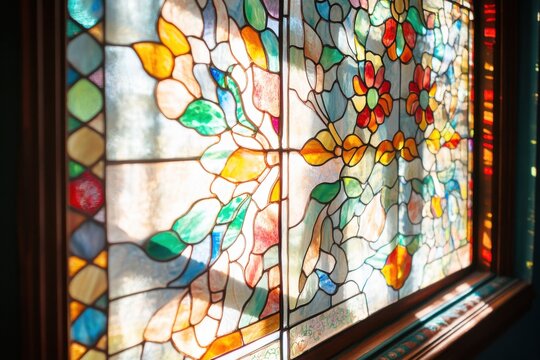 Golden sunlight passes through an antique floral stained-glass window, casting vivid botanical patterns and jewel-toned shadows across the room