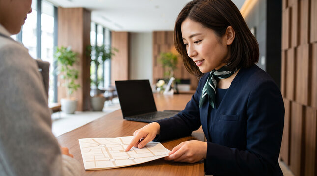 地図を使ってお客様に道案内をする20代の日本人女性のホテルのフロントスタッフ：ホテル・おもてなしの仕事のイメージ