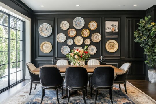Refined dining room featuring a curated collection of antique china displayed above sleek contemporary furnishings