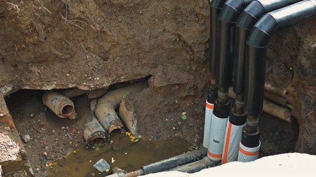 Black cables and gray conduits with orange bands stand beside a concrete edge in an excavated area. Exposed soil, stones, and broken pipe sections remain
