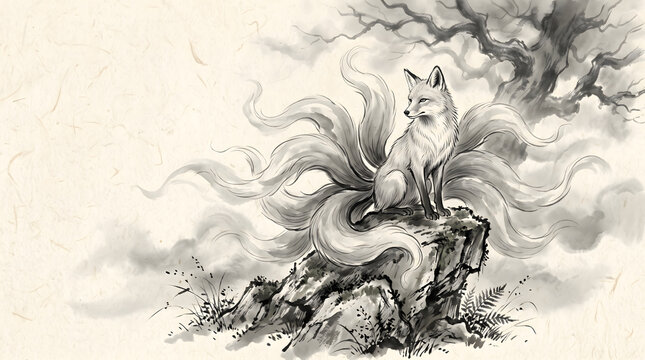 Mythological nine-tailed kitsune fox standing on mossy rock