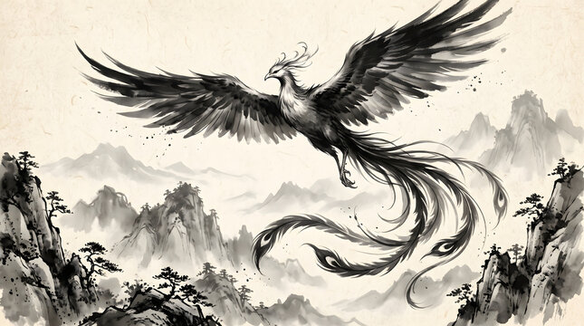 Fiery celestial phoenix spreading wings over mountain crest