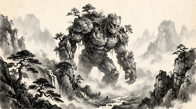 Enormous stone golem titan walking through misty mountain vale