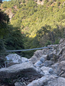 Suspension Metal Footbridge on a Hiking Trail in the Pyrenees