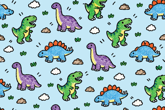 Colorful cute dinosaurs seamless pattern vector illustration featuring hand drawn prehistoric animals on blue background