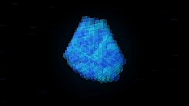 Rotating Blue Digital Cube Sphere Made of Glowing Geometric Squares for Future Tech Presentations