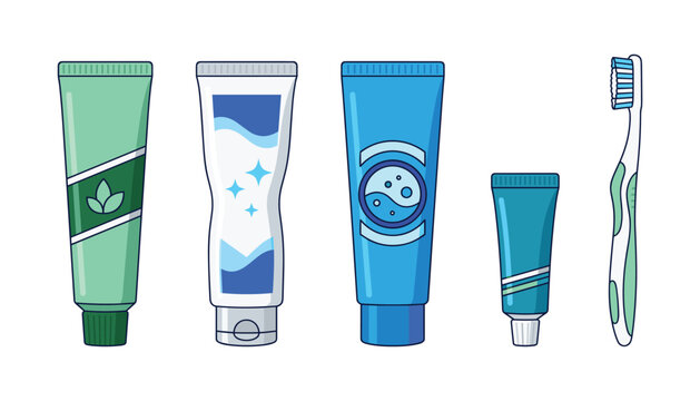 Dental hygiene products toothpaste tube plastic container toothbrush oral care medical cosmetic bathroom element collection
