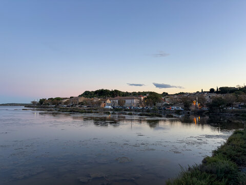 Picturesque View of Peyriac-de-Mer Across the Lagoon After Sunset, France
