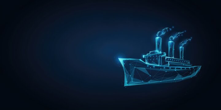 Glowing blue wireframe of a steamship with smoke plumes