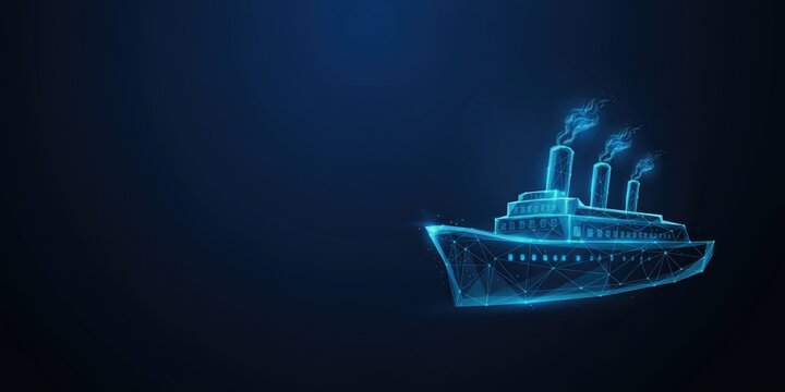 Glowing blue wireframe of a vintage steamship on dark background