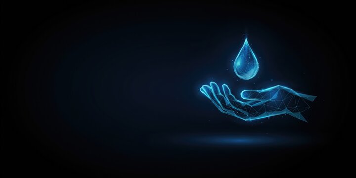 Glowing blue wireframe hand holding a water drop, digital polygon
