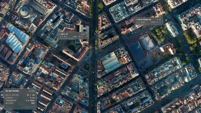 Aerial top down tracking shot over Madrid, Spain at golden hour: residential blocks with 5G network overlay, voronoi cell grid over rooftops, cell sites. Concept of telecommunication, smart city