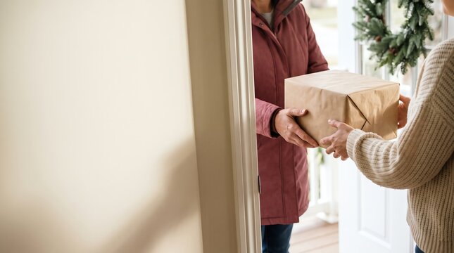 A friendly delivery person handing over a wrapped cardboard parcel to a person standing at the entrance of a house during the winter season