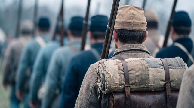 A rear view of Civil War reenactors in period uniforms, carrying rifles and backpacks while marching in a column through a field.