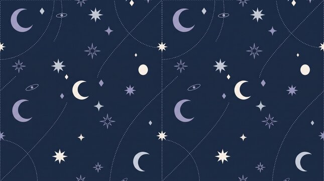 Dark blue celestial pattern with white crescent moons, stars, and dotted orbital lines on a flat background