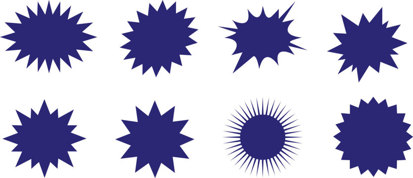 Set of blue starburst shape badges for sales and discount labels