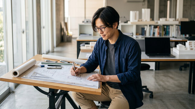 製図台で設計図を描く20代の日本人男性の建築士：建築設計の仕事のイメージ