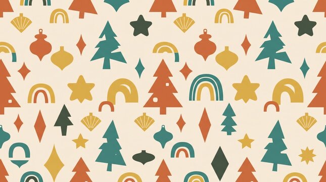 Retro Christmas pattern with stylized trees, stars, and ornaments in teal, orange, and gold on cream