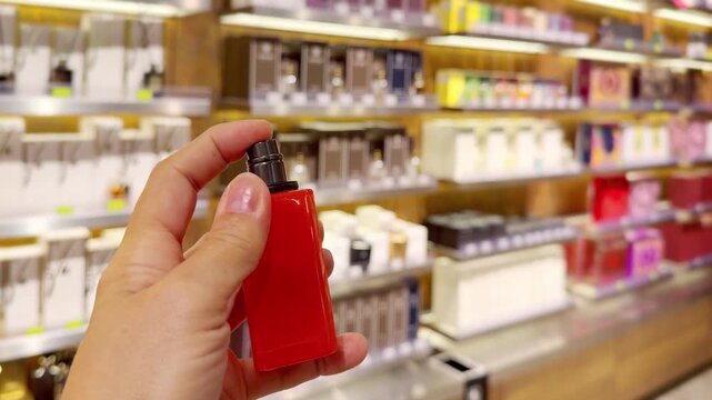 Perfume and Eau de Toilette Bottles on Display in Cosmetics Store &ndash; Fragrance Products on Shelf with Blurred Perfume Background