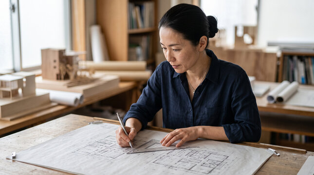 製図台で設計図を描く40代の日本人女性の建築士：建築設計の仕事のイメージ