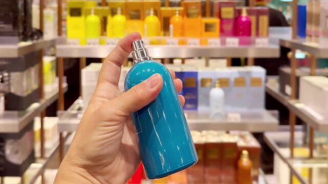 Perfume and Eau de Toilette Bottles on Display in Cosmetics Store &ndash; Fragrance Products on Shelf with Blurred Perfume Background