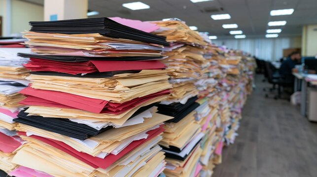Perspective View of Massive Stacks of Overloaded Paperwork, Folders, and Files Line Up Inside a Busy Office Space