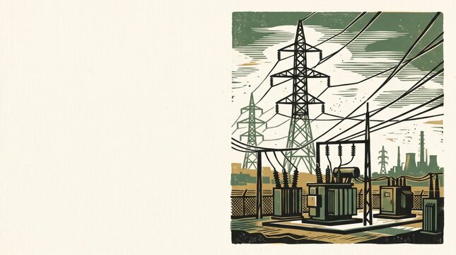 Industrial style high voltage transmission tower and substation illustration