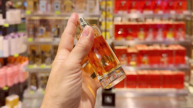 Perfume and Eau de Toilette Bottles on Display in Cosmetics Store &ndash; Fragrance Products on Shelf with Blurred Perfume Background