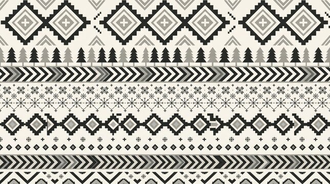 Black and beige Nordic geometric pattern with pixelated pine trees and snowflakes