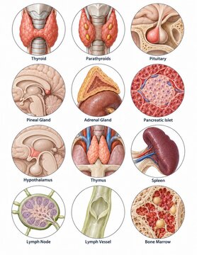 Labeled Endocrine and Lymphatic Anatomy Medical Emblems