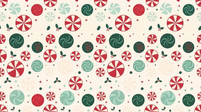 Red and green peppermint swirl pattern with holly sprigs on cream background