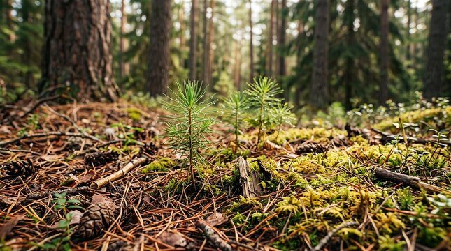 Young pine saplings growing naturally on the forest floor, amidst pine needles and patches of moss, mature trees are softly visible in the background