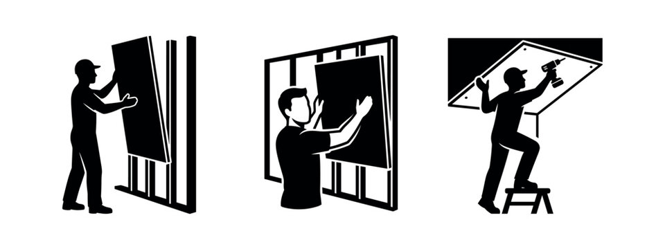 Drywall Installation and Plasterboard Construction Icons Set