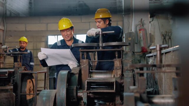 An industrial engineer wearing a yellow hard hat reviews technical documents while supervising a technician adjusting machinery in a manufacturing workshop.
