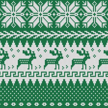 Green and white knitted sweater pattern with reindeer and snowflake motifs