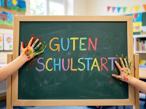 Children hands with paint touching a chalkboard with the german text guten schulstart for back to school