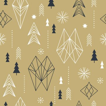 Geometric winter pattern with stylized trees, stars, and snowflakes on a mustard background