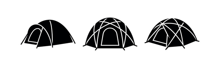 Varied dome camping tent vector icons set. Outdoor recreational shelter and equipment symbols. © Lili