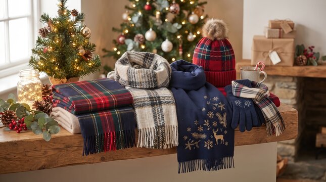 Festive plaid scarves and knitwear arranged on rustic wooden shelf with Christmas tree background