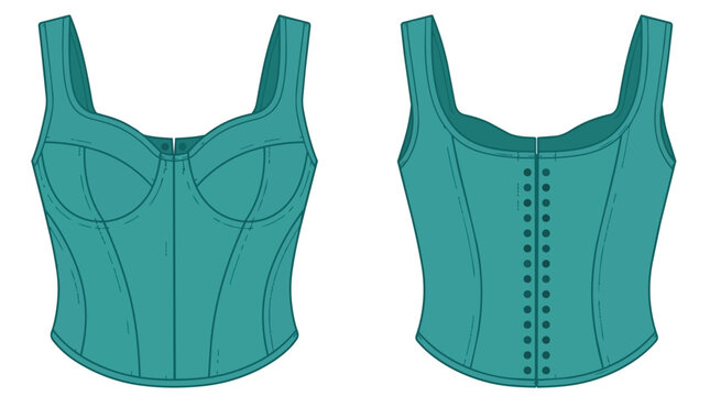 Women Teal Corset Top Technical Fashion Illustration Front and Back View Flat Apparel Design Template Mockup