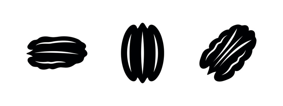Black Silhouette Icons of Various Nuts, Including Pecans, on White Background