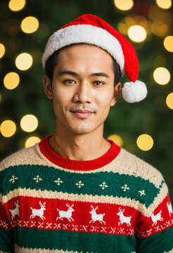 young asian adult man wearing a festive santa hat and a green and red patterned christmas sweater with reindeer and snowflakes standing in front of a glowing christmas tree with bokeh lights