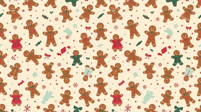 Seamless pattern of cartoon gingerbread men and holiday icons on cream background