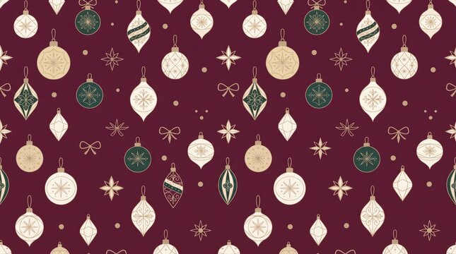 Maroon Christmas bauble pattern with gold and green ornaments and snowflakes