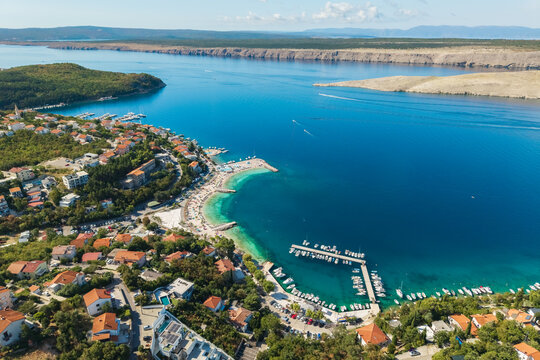 Aerial view of Jadranovo on the Adriatic coast in Primorje-Gorski Kotar County, Croatia. Mediterranean summer tourism, coastal lifestyle, seaside travel destination