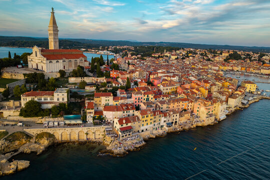 aerial view of Rovinj, Croatia, revealing the historic peninsula surrounded by the Adriatic Sea. Mediterranean destination, cultural heritage and sustainable coastal tourism